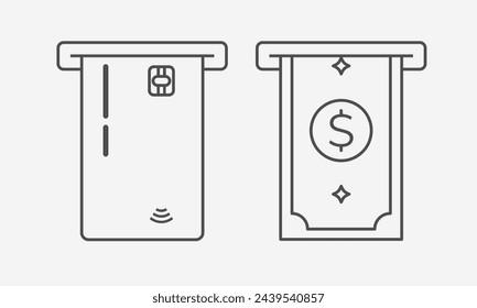 Kreditkarten- und Banknotenzeilensymbol.Bankkarte für Online-Zahlungen und Bargeldabhebungssymbol.Bankkartenpiktogramm.Lastschriftzahlungszeichen. Vektorgrafik Illustration EPS 10. Bearbeitbarer Strich