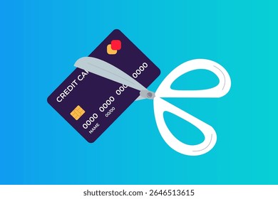 Credit card being cut with scissors. Financial control, debt reduction. Vector illustration.