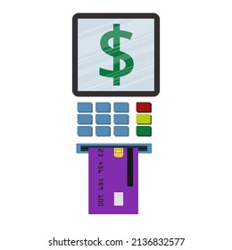 Credit card being inserted into an atm machine and dollar sign appearing on screen 