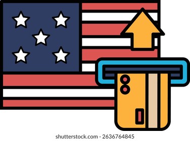 A credit card is being inserted into a machine that is next to an American flag. Concept of financial transactions and the importance of the United States as a global economic power