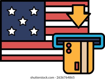 A credit card is being inserted into a machine that is next to an American flag. Concept of using a credit card to make a purchase