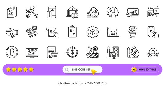 Credit card, Bid offer and Business targeting line icons for web app. Pack of Gas price, Tax documents, Product development pictogram icons. Donation money, Inflation, Checklist signs. Vector