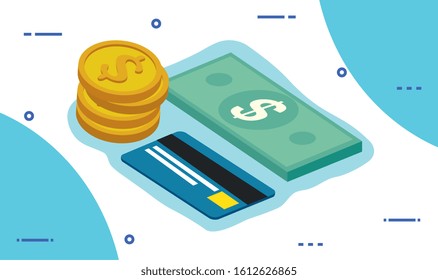 credit card with bill and pile coins vector illustration design