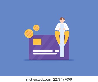 credit card billing report. a man is confused about how to pay too many credit bills. financial management issues. bills swell. illustration concept design. vector elements. blue background