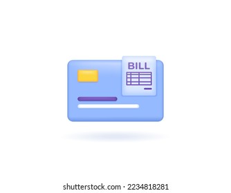 credit card bills, payment invoices, payout transaction methods. 3d symbol or icon of bill receipt and debit card or atm card. 3d and realistic concept design. vector elements