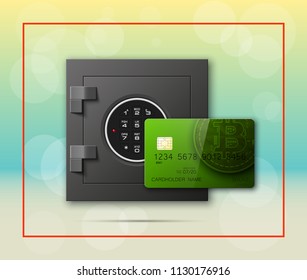 Credit card bitcoin & Electronic lock. Bank door card & combination lock front side banner. Plastic card & steel safe. Debit card & electromagnetic locking chip. Digital currency money Online payment