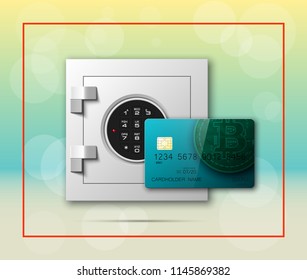 Credit card bitcoin & Electronic lock. Bank door card & combination lock front side banner. Plastic card & steel safe. Debit card & electromagnetic locking chip. Digital currency money Online payment