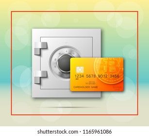 Credit card bitcoin & Electronic lock. Bank door card & combination lock front side banner. Plastic card & steel safe. Debit card & electromagnetic locking chip. Digital currency money Online payment