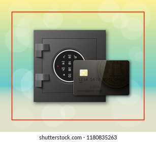 Credit card bitcoin & Electronic lock. Bank door card & combination lock front side banner. Plastic card & steel safe. Debit card & electromagnetic locking chip. Digital currency money Online payment