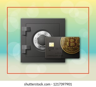 Credit card bitcoin & Electronic lock. Bank door card & combination lock front side banner. Plastic card & steel safe. Debit card & electromagnetic locking chip. Digital currency money Online payment