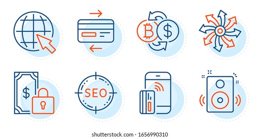 Credit card, Bitcoin exchange and Private payment signs. Contactless payment, Internet and Versatile line icons set. Seo, Speakers symbols. Phone money, World web. Technology set. Vector