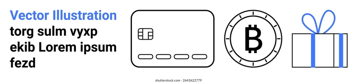 Credit card, Bitcoin symbol, and gift box representing e-commerce, digital payment, cryptocurrency, and online shopping. Ideal for finance, rewards platforms, online stores, technology services
