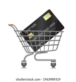 Credit Card Black Color In Shopping Cart And Shopping Cart On White Background,vector 3d Isolated,shopping Concept Design