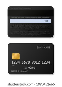 Credit card black. Debit cards with gold chip realistic, front and back side mockup for bank transaction. Financial payment instrument. Blank template. Vector isolated illustration
