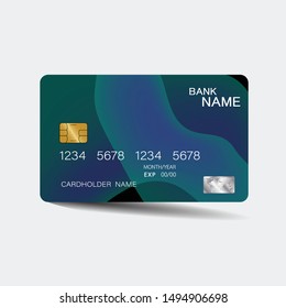 Credit card. With blue elements desing. And inspiration from abstract. On white background. Glossy plastic style. 