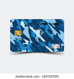 Credit card. With blue elements desing. And inspiration from abstract. On white background. Glossy plastic style. 
