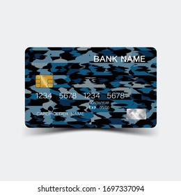 Credit card. With blue elements desing. And inspiration from abstract. On white background. Glossy plastic style. 