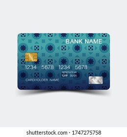 Credit card. With blue elements desing. And inspiration from abstract. On white background. Glossy plastic style. 