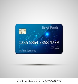 Credit card blue isolated on grey background with shadow. Vector, eps 10. Detailed glossy credit card concept. Abstract design for business, payment history, shopping malls, web, print.