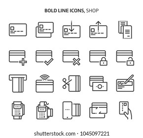 Kreditkarte, fette Zeilensymbole. Die Illustrationen sind eine Vektorgrafik, bearbeitbarer Strich, 48x48 Pixel perfekte Dateien. Hergestellt mit Präzision und Auge für Qualität.