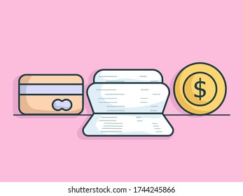 credit card, book bank and money coin flat design vector illustration