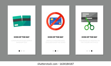Credit card breaking flat icon set. Crack, prohibition, cutting isolated sign pack. Banking, finance, budget concept. Vector illustration symbol elements for web design