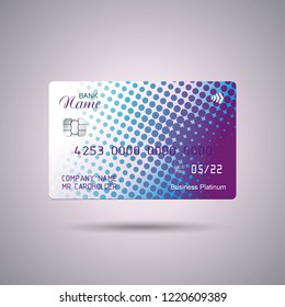 Credit card bright blue and purple design  with  shadow. Detailed abstract glossy credit card concept  for business, payment history, shopping malls, web, print.