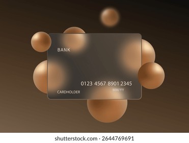 Credit card with bronze metal spheres, glass morphism style template.