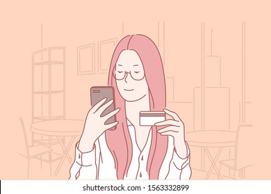 Credit Card, Buy, Identification, Confirmation, Business Concept. Young Woman, Businesswoman Enters Personal Data For Activations Of Bank Card. Teen Girl Buys In An Online Store. Shopping. Flat Vector