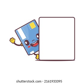 credit card cartoon mascot with blank board. vector illustration. isolated on a white background