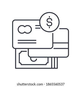 Credit card and cash icon, linear isolated illustration, thin line vector, web design sign, outline concept symbol with editable stroke on white background.