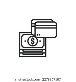 Kreditkarte mit Bargeld, Zahlungsart umreißen Symbole. Vektorgrafik. Einzeln Symbol geeignet für Web, Infografiken, Interface und Apps.