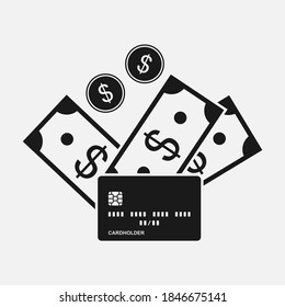 Credit card and cash withdrawal vector icon isolated on white background.