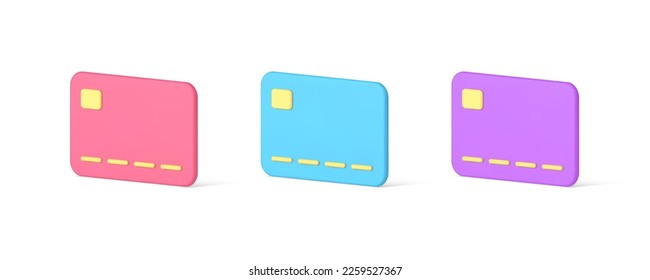 Credit card cashless payment banking financial e money currency account for shopping 3d icon set realistic vector illustration. Commercial paying electronic chip wireless purchasing transaction