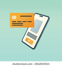 Credit card with cellphone for online purchases, electronic payment concept, and shopping cart in virtual store