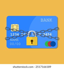 Tarjeta de crédito con cadenas y bloqueo de almohadilla. Concepto de protección. concepto de ilustración plana para Anuncios de Web, Web y App móvil, Sitios web, infografías