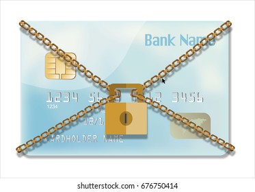 Credit card with chains and pad lock. Concept of protection. flat illustration concept for web banners, web and mobile app, web sites, infographics.