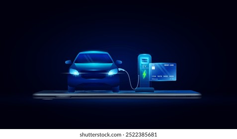 Cartão de crédito e estação de carregamento EV carro no smartphone. Futuro da energia limpa alternativa dos veículos elétricos para a indústria automóvel. Tecnologia de energia renovável. Vetor de banner EPS10.