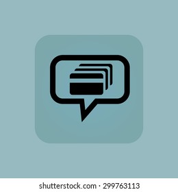 Credit card in chat bubble, in square, on pale blue background