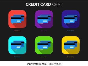 Credit card chat ui set for icon application mobile or button main screen phone. Colorful vector flat style design template with drop shadow on dark grey background.