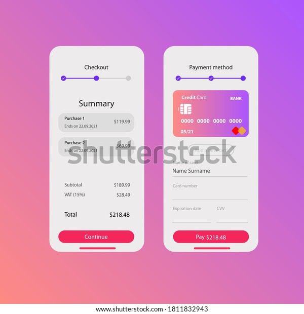 Credit Card Checkout Form Pink Purple UI Mobile\
Vector Design