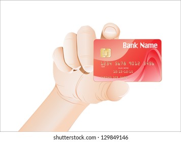 Credit card with chip in a male hand isolated on white