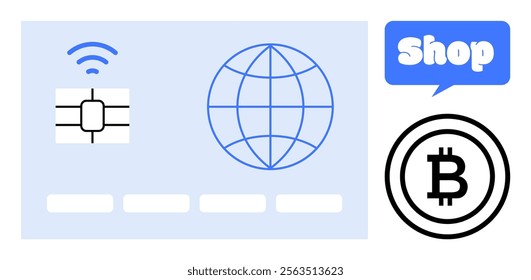 Credit card with chip, wireless symbol, globe, speech bubble with shop text, and Bitcoin symbol. Ideal for online shopping, cryptocurrencies, digital payments, financial technology, e-commerce