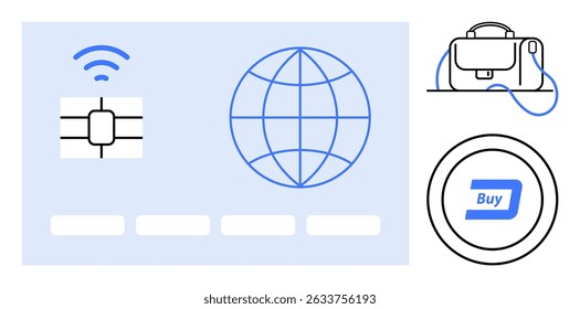 Credit card with chip and wireless symbol, globe icon, shopping bag, and Buy button. Ideal for e-commerce, online shopping, contactless payment, digital wallets, financial tech, global trade, virtual