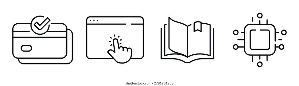 Credit card click book and chip icons on white background. Editable stroke