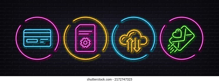 Credit card, Cloud sync and File settings minimal line icons. Neon laser 3d lights. Love letter icons. For web, application, printing. Card payment, Synchronize storage, File management. Heart. Vector