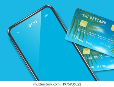 A credit card with coconut leaves and blue sky with soft sunlight placed on your smartphone. All objects are placed on a blue background,vector 3d isolated for shopping online summer sale concept