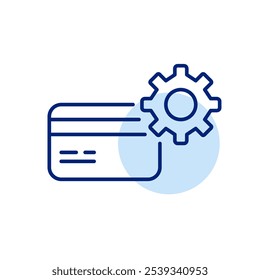 Credit card and cogwheel. Account management tools. Custom settings or scheduled payments. Pixel perfect vector icon