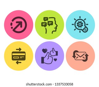 Credit card, Cogwheel and Like icons simple set. Direction, Messages and Refresh mail signs. Bank payment, Idea bulb. Technology set. Flat credit card icon. Circle button. Vector