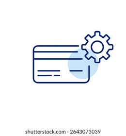 Credit card and cogwheel. Payment settings, wallet management, card configuration, financial control, secure transaction setup. Pixel perfect, editable stroke vector icon